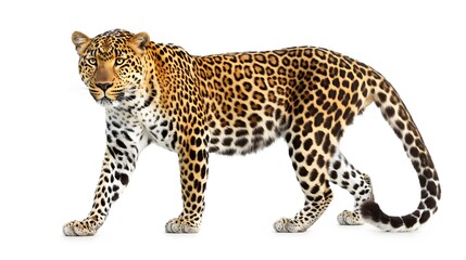 2. Design an isolated image of a leopard in its entirety, emphasizing its muscular stance and elegant tail. The background should be transparent, allowing for seamless integration into various visual