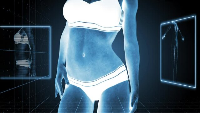 3d woman morphing from fat to slim. Fat to lean transformation. X ray