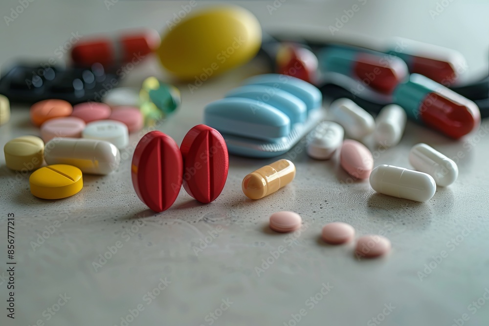 Poster a close-up view of assorted heart medications including pills, capsules, and a heart rate monitor, e