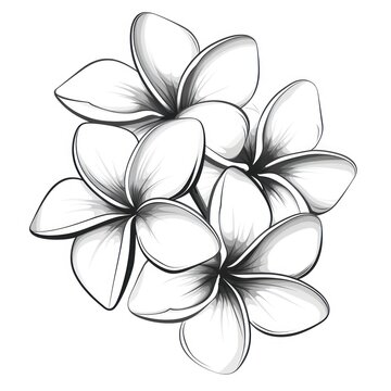 Frangipani and plumeria tropical flower. Hand drawn line art frangipani isolated in white background. Outline vector illustration.Tropical decorative exotic flowers, blooming
