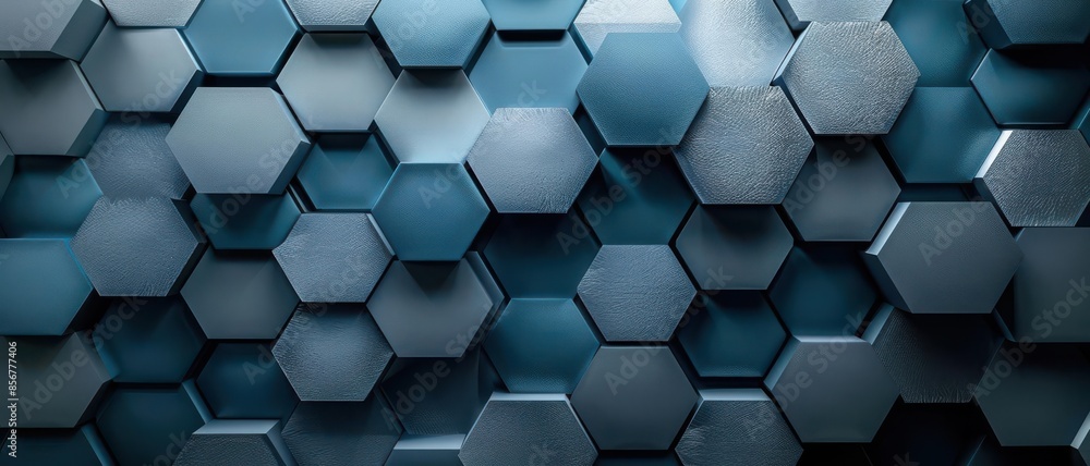 Poster geometric pattern with interlocking hexagons in shades of blue and grey