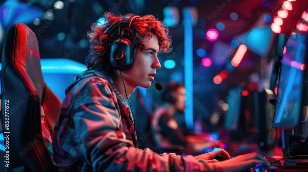 Poster vibrant neon lit gaming setup with a player streaming and interacting with an audience on a futurist