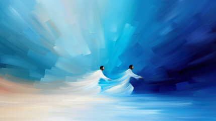 Abstract painting of two figures in flowing white robes, symbolizing the Holy Spirit, moving against a vibrant blue gradient background, reflecting themes of divine guidance and spiritual journey.