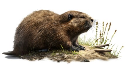 3. Produce a detailed artwork of a beaver in a natural pose, capturing its characteristic posture and focused expression. The illustration should feature a transparent background, making it versatile