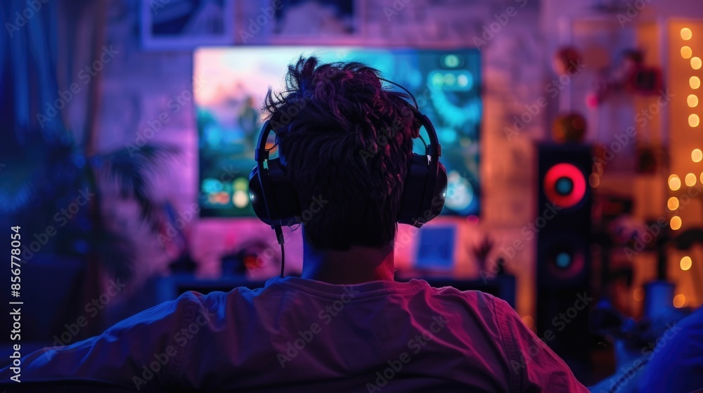 Poster a person sitting in a dimly lit room wearing headphones engaged with a digital display showing real 