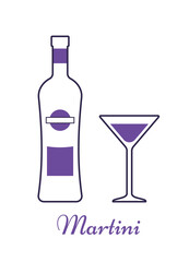 Martini bottle and glass linear icons. Violet outline beverage. Alcohol drinks with wineglasses isolated on white background. Thin line objects in flat design. Vector illustration.