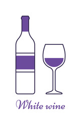 Bottle and glass of white wine in flat design. Outline alcoholic drinks with wineglasses. Linear violet icons beverages isolated on white background. Thin line objects. Vector illustration.