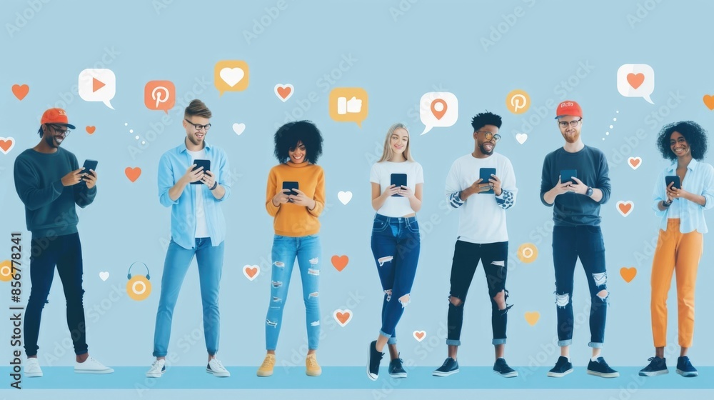 Wall mural group of diverse social media influencers interacting with their online followers through a live str