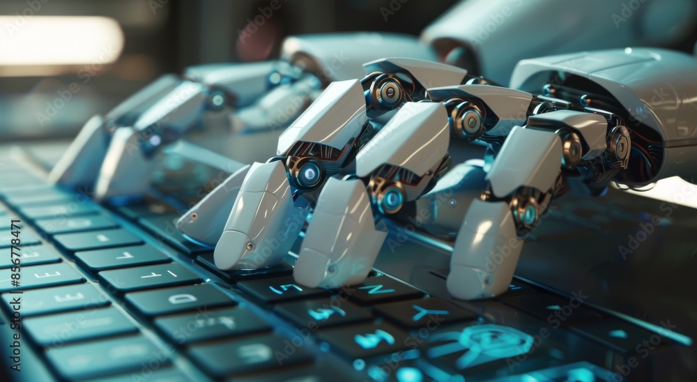 Poster closeup of ai robot hand typing on a keyboard in futuristic technology concept