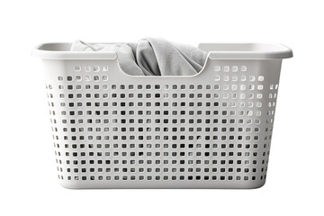 A White Plastic Laundry Basket Filled With Gray Clothes on a Clear PNG or White Background.