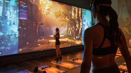 Virtual Fitness Class with Instructor Leading Dynamic Workout on Screen for Engaged Participants Following Along in a Bright and Futuristic Digital Training Environment