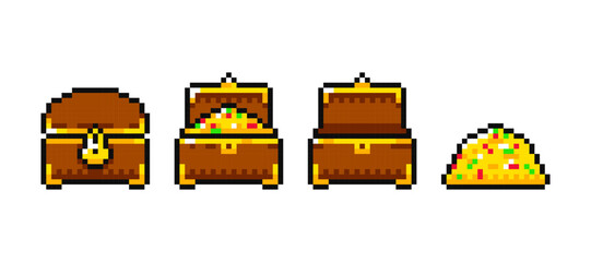 Cartoon wooden chest animation, treasure chest in pixel art style. Game pixel treasure chest. Open and closed chest full of jewels and empty.