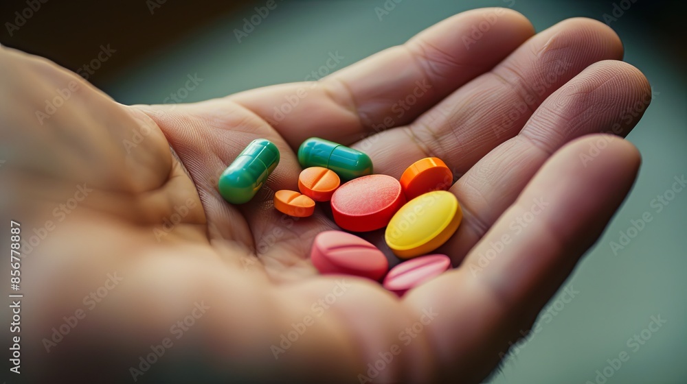 Aufkleber a close-up shot of an open palm with colorful pills, capturing a moment of care and attention. gener