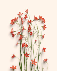 Top view red natural bellflowers with green leaf on pastel colored pink background, botanical blossoms scenic, minimal flat lay. Beautiful nature delicate wild flowers, summer flowering concept