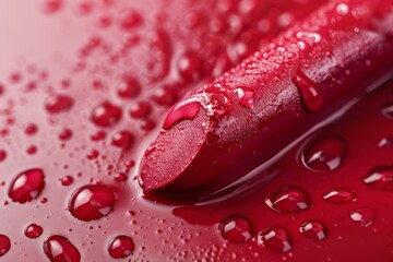 Close-up image of a red lipstick with water droplets on a red bokeh background, highlighting the vibrant color and sleek design.