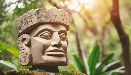 Olmec head. Stone sculpture. Ancient Mayan statue in jungle. Blurred green backdrop.