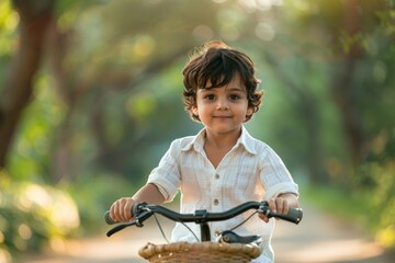 Obraz premium Portrait of a smiling boy sitting on a bike in a green park, with a warm and cheerful expression, surrounded by lush trees and sunlight.