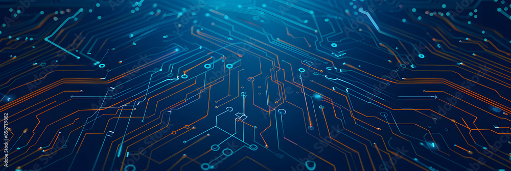 Poster abstract digital circuit board on technology blue background. circuit connected lines and dots on ab