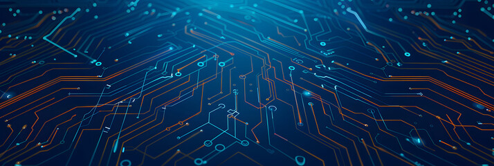 Obraz premium Abstract digital circuit board on technology blue background. Circuit connected lines and dots on abstract motherboard. Navy gradient tech bg. AI innovation concept. Futuristic vector illustration.