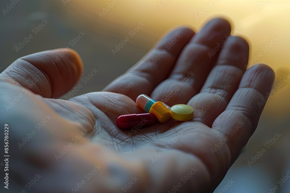 Poster a close-up shot of a hand holding several colorful pills. the background is blurred, creating an int