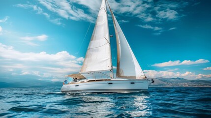 Obraz premium Sailor skillfully navigating sleek and modern white yacht on vast open sea waters