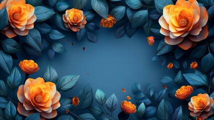 Elegant Abstract Orange Flowers Frame on Blue Background