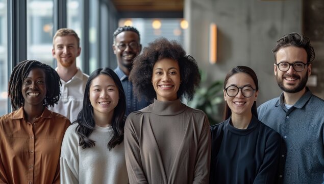 Showcase the company's commitment to diversity and inclusion with images of employees from various ethnicities, genders, and backgrounds working together harmoniously.
