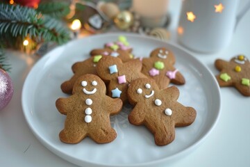 Fototapeta premium Colorful iced gingerbread cookies on plate minimalist display of freshly baked treats