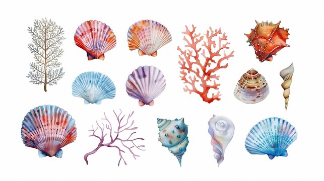 A collection of seashells and corals on a white background, watercolor illustration, high-quality marine clipart.