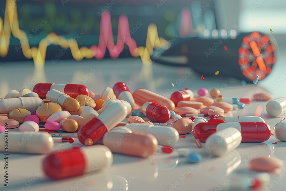 Poster a close-up of various heart medications, including pills and capsules, scattered on a clean surface,