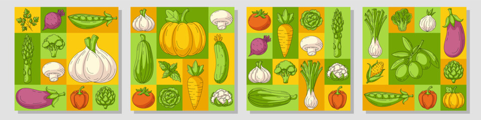 Set of vector geometric modern square posters, veggies icons. Fresh and healthy farm vegetables, natural food. Minimal abstract layout for banner, menu, cover, farmers market, card, social media