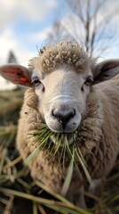 A close-up image of a sheep grazing on fresh green grass in a field, its fluffy white wool and innocent eyes capturing a moment of peaceful serenity