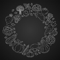 Farm vegetables and greens icons set, vector square card, round frame. Space for text, isolated dark background. Organic food, natural veggies, eco products. For banner, poster, menu, social media