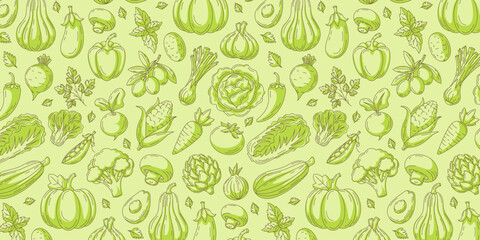 Vegetables, greens seamless pattern, isolated background. Veggies vector icons set. Minimalist horizontal banner. Organic food, natural produce, eco product. For cover, wrapping paper, textile print