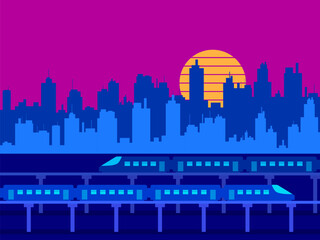 Modern cityscape with trains and skyscrapers. View of the city at sunset with the sun in retro 80s style. Cityscape in the style of cyberpunk, synthwave and retrowave. Vector illustration