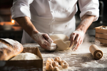 Fototapeta premium A baker kneading dough on a floured surface in a warm, rustic kitchen setting