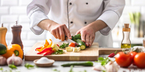 A chef chopping fresh vegetables on a wooden cutting board surrounded by various colorful ingredients - Powered by Adobe