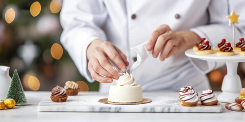 A pastry chef decorating a small cake with whipped cream and festive mini cakes in the background