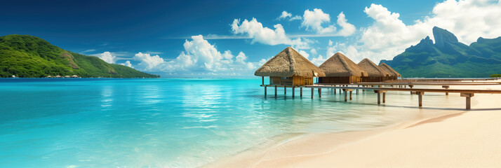 Luxury holiday huts with thatched roofs on pontoons over calm blue ocean	