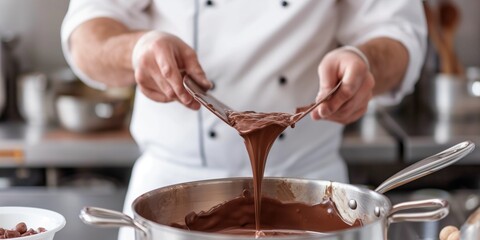 A chef holding a chocolate scraper with melted chocolate dripping into a stainless steel bowl..