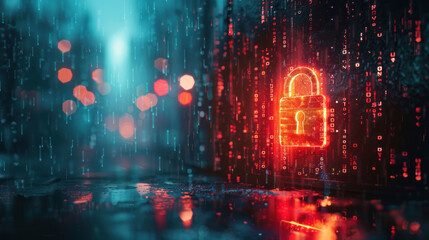 Closeup of hands typing on a laptop with a digital padlock icon floating above, surrounded by binary code and glowing lines representing data security in the style of virtual space.