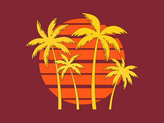 Palm trees at sunset in retro 80s style. Silhouettes of palm trees and the sun with a black outline in the style of retro-futurism, synthwave and retrowave. Tropical palm trees. Vector illustration