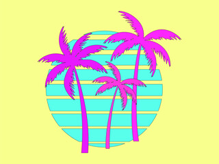 Palm trees at sunset in retro 80s style. Silhouettes of palm trees and the sun with a black outline in the style of retro-futurism, synthwave and retrowave. Tropical palm trees. Vector illustration