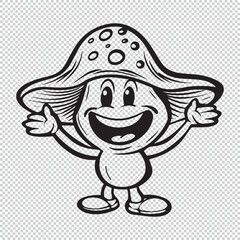 Happy mushroom character design, black vector illustration on transparent background