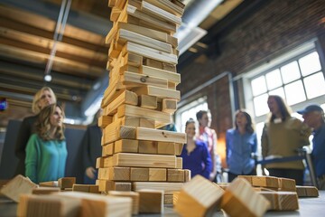Colleagues engage in team building fun with giant jenga and virtual reality, fostering camaraderie