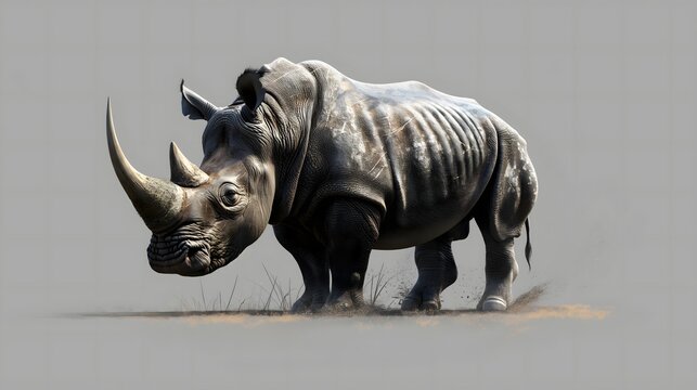 3. Produce a detailed artwork of a rhinoceros in a natural stance, capturing its imposing presence and textured skin. The illustration should feature a transparent background, making it versatile for