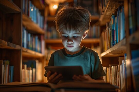 A boy in a green shirt is engrossed in reading a tablet in a dimly lit library, surrounded by shelves of books, creating a cozy and focused atmosphere. - Powered by Adobe