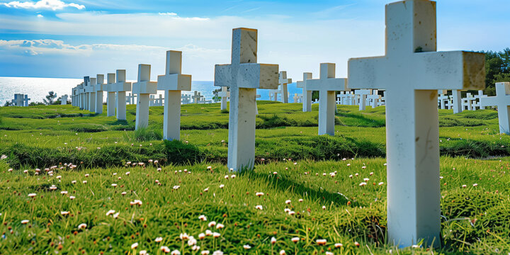 White crosses in neat lines at a war cemetery on a Bright sunny blue sky day