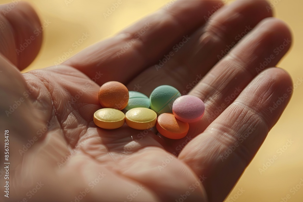 Poster a close-up shot of colorful pills resting in an open palm. the background is blurred, creating a sof