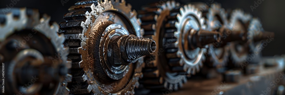 Aufkleber close-up of rusty industrial gears in a mechanical workshop setting - a close-up shot of rusty indus
